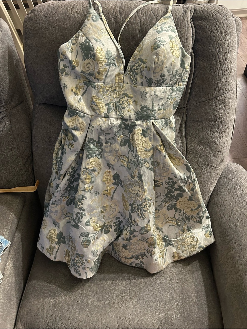 B Darlin Cream Mini Dress with Sage and Gold Floral Jacquard
